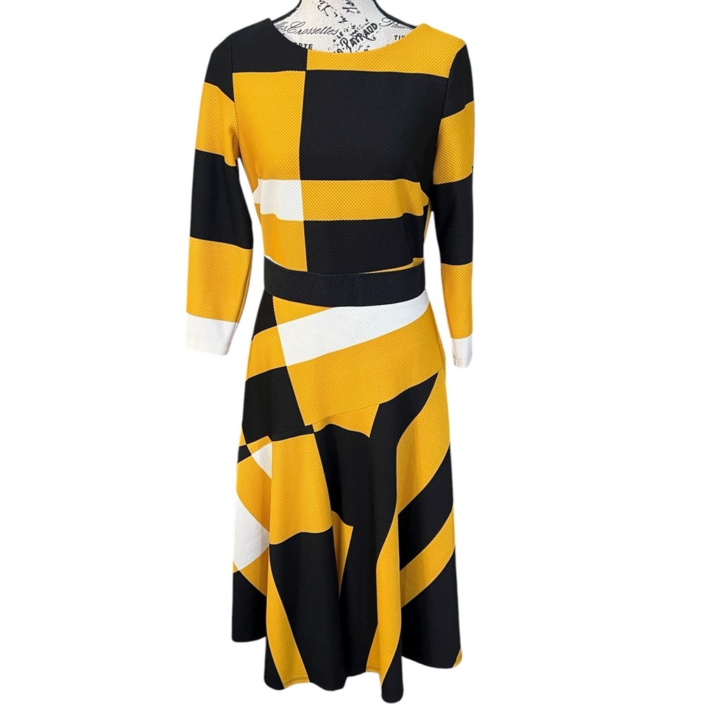 Danny & Nicole Bold Geometric Dress in Black, Yellow, and White